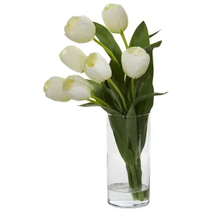 16" Artificial Tulip Arrangement in Cylinder Vase - Low Maintenance, Life-Like & Vibrant Silk Flowers For Busy People.