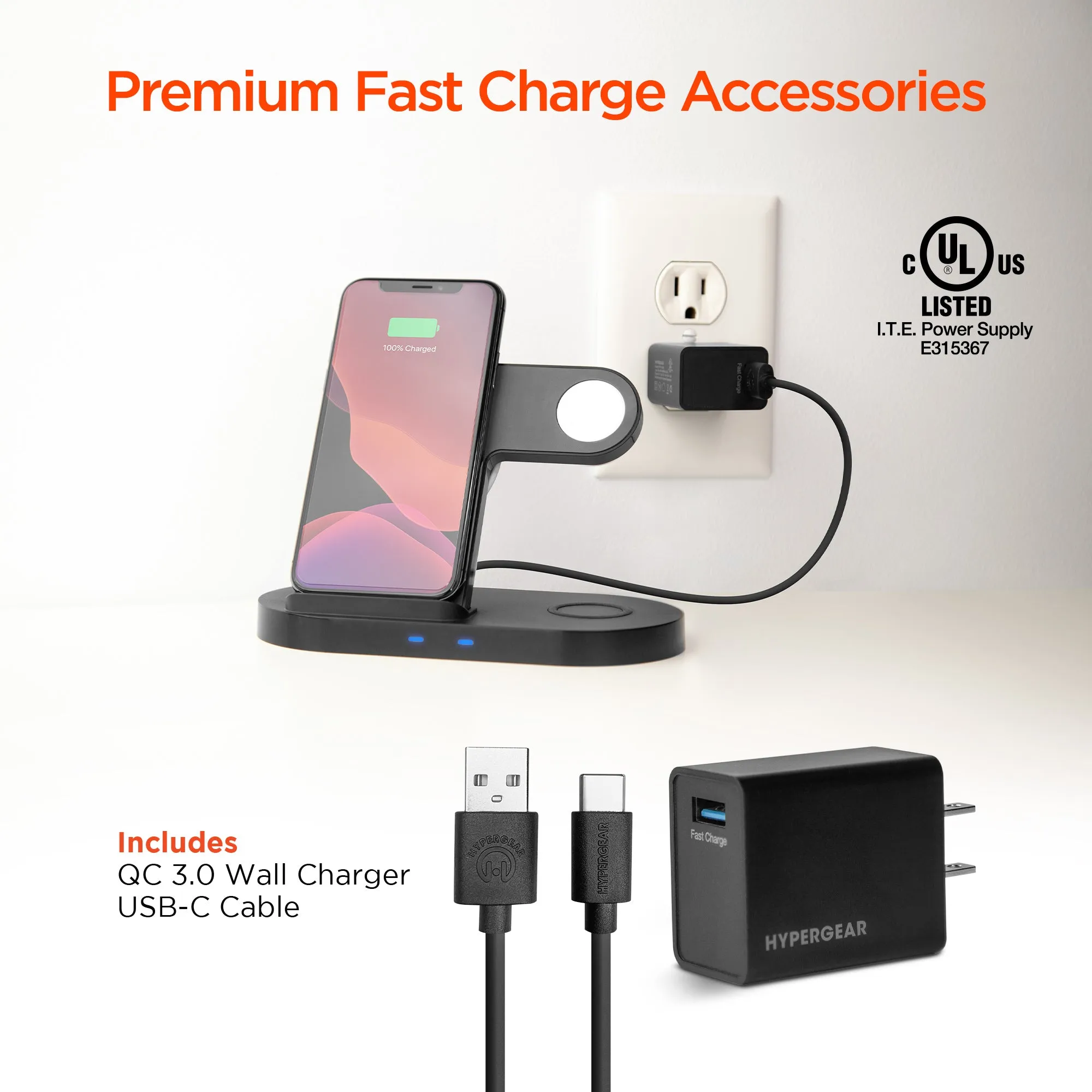 3-in-1 Wireless Charging Dock with 10W Wireless Fast Charge | Black