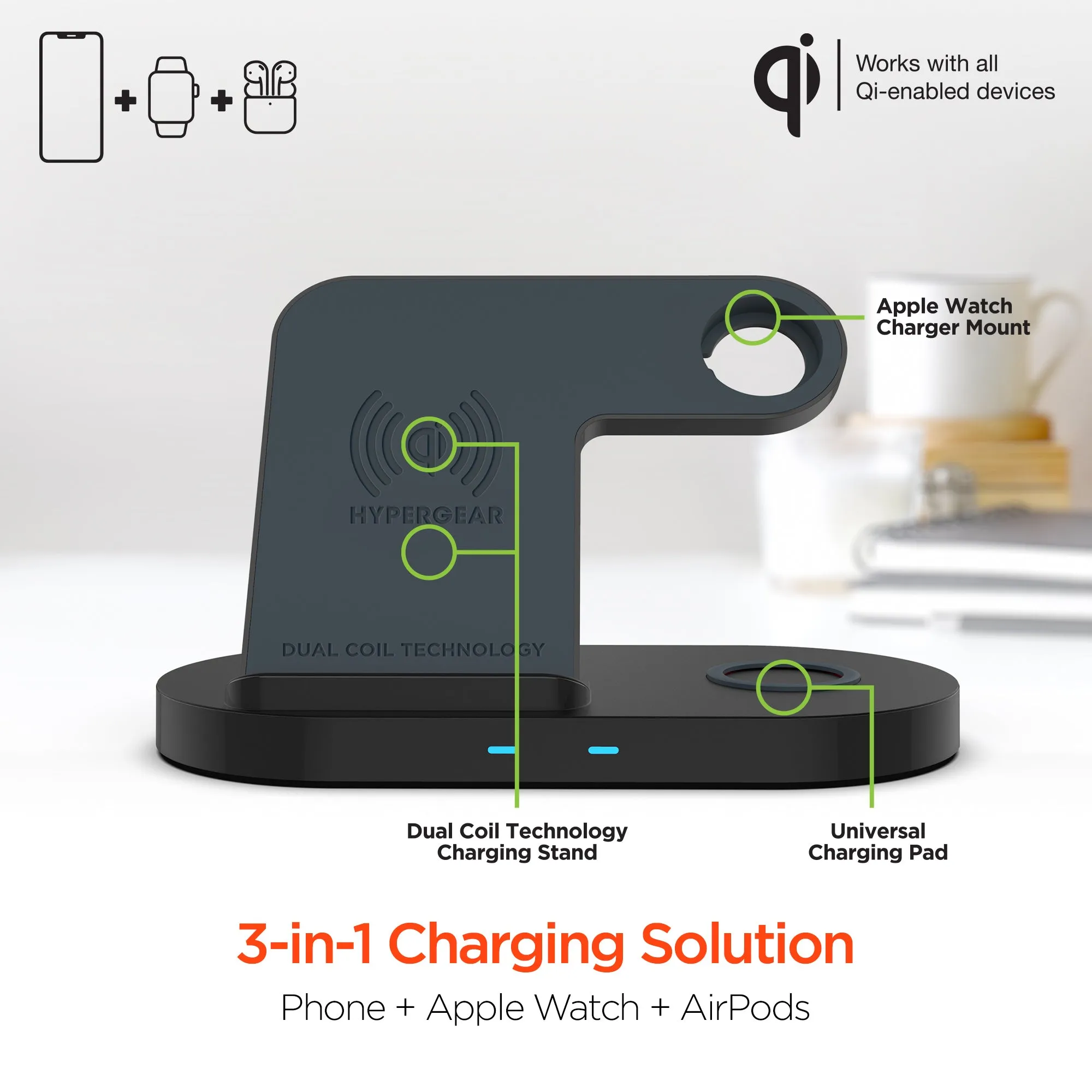 3-in-1 Wireless Charging Dock with 10W Wireless Fast Charge | Black