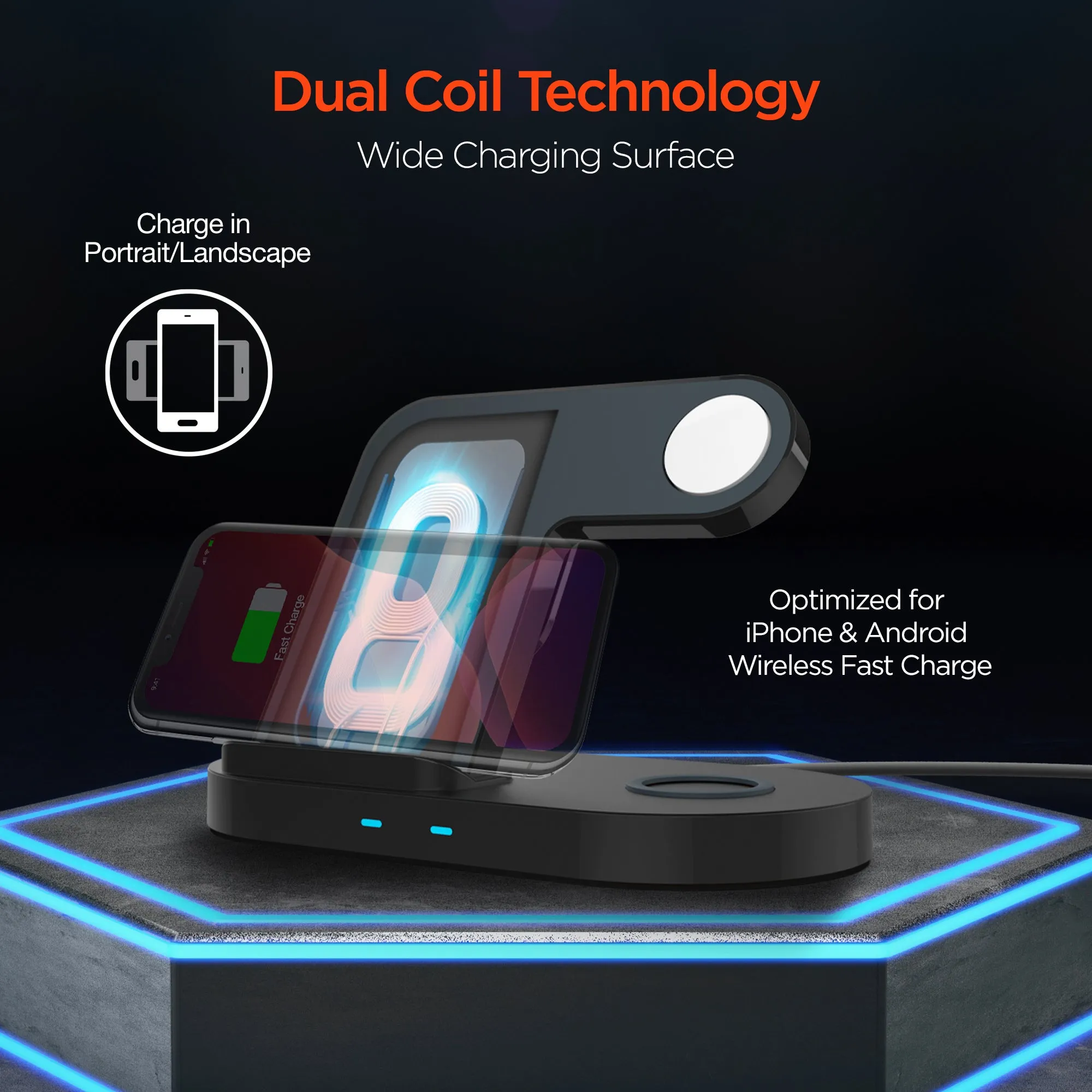 3-in-1 Wireless Charging Dock with 10W Wireless Fast Charge | Black