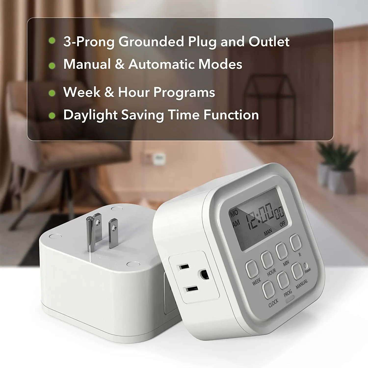 7 Day Heavy Duty Digital Timer, Dual Outlet, On/Off Programs 3-Prong Programmable Timer BN-LINK