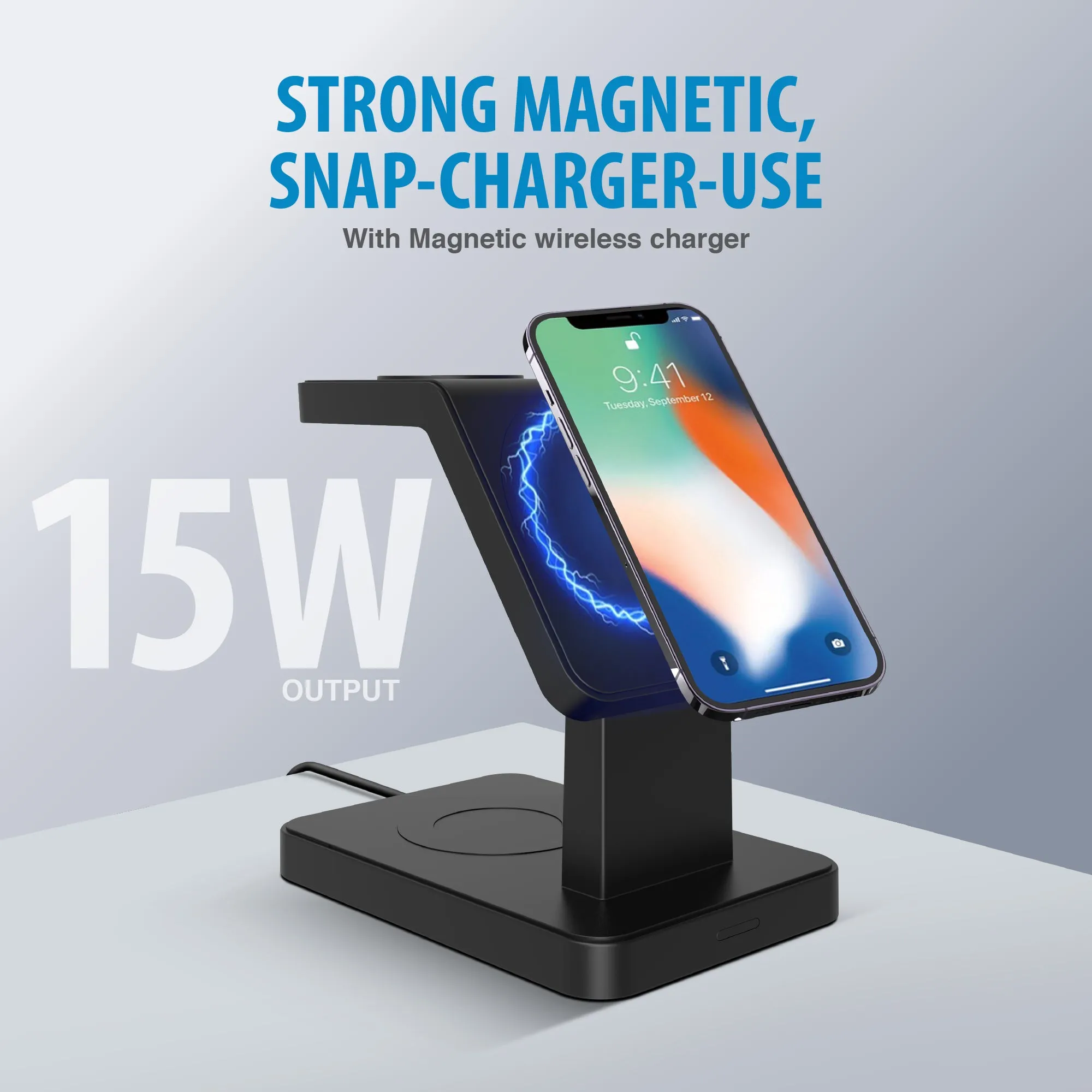 Brookstone 3 in 1 Wireless Charging Station Compatible with MagSafe Charger for Apple Fast Wireless Charger Stand for iPhone 15,14,13,12 Pro Max Series, iWatch Series, Airpods 3, 2, Pro