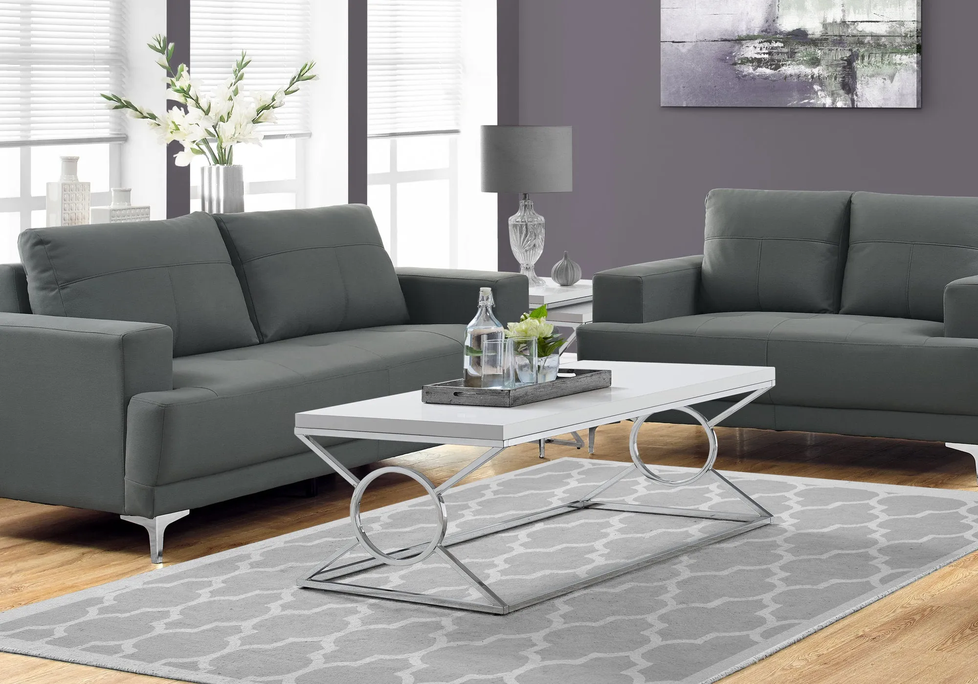 Coffee Table, Accent, Cocktail, Rectangular, Living Room, 44"l, Glossy White Laminate, Chrome Metal, Contemporary, Modern