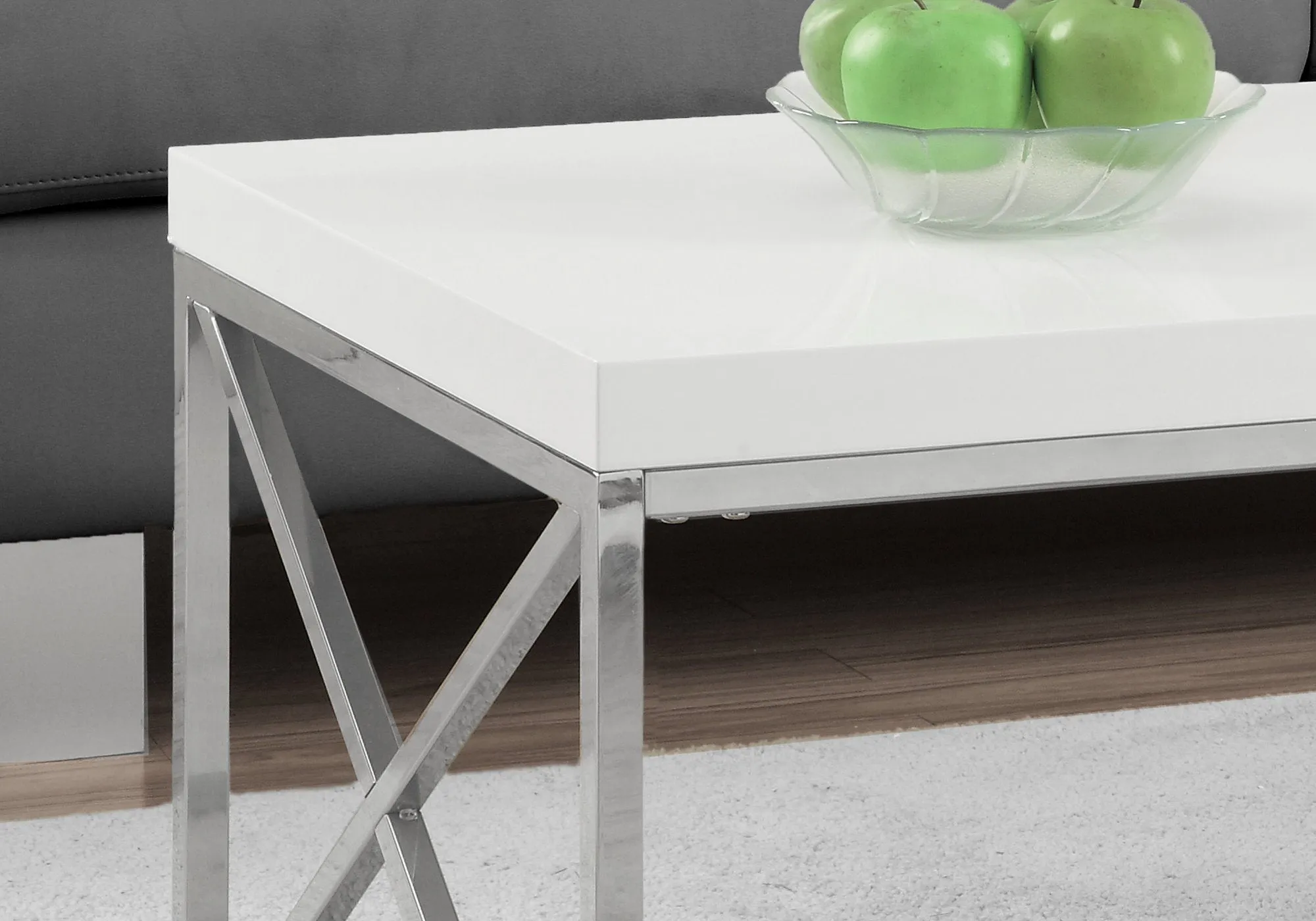 Coffee Table, Accent, Cocktail, Rectangular, Living Room, 44"l, Glossy White Laminate, Chrome Metal, Contemporary, Modern