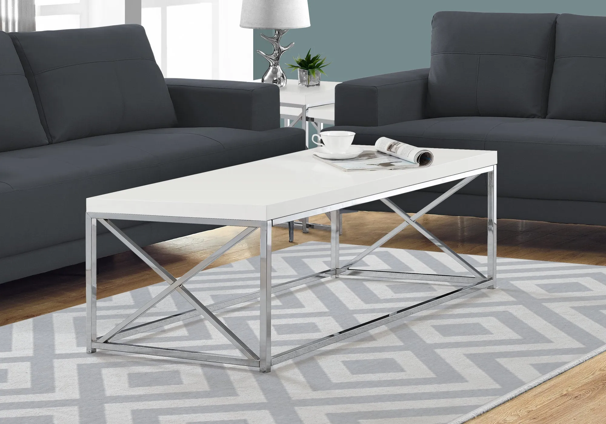 Coffee Table, Accent, Cocktail, Rectangular, Living Room, 44"l, Glossy White Laminate, Chrome Metal, Contemporary, Modern