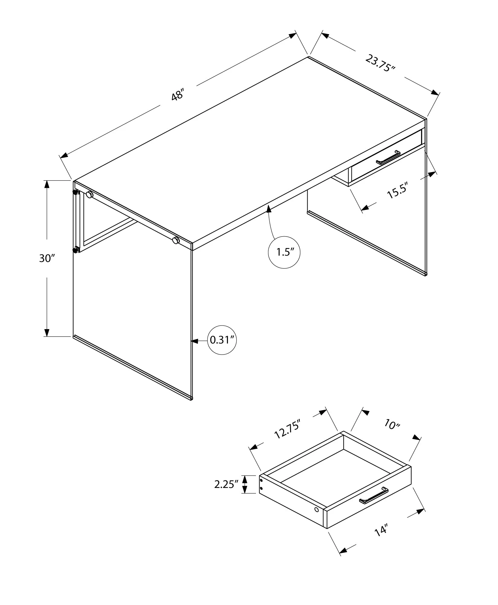 Computer Desk, Home Office, Laptop, Storage Drawers, 48"l, Work, Grey Laminate, Clear Tempered Glass, Contemporary, Modern