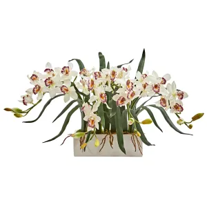 Cymbidium Artificial Arrangement in White Vase