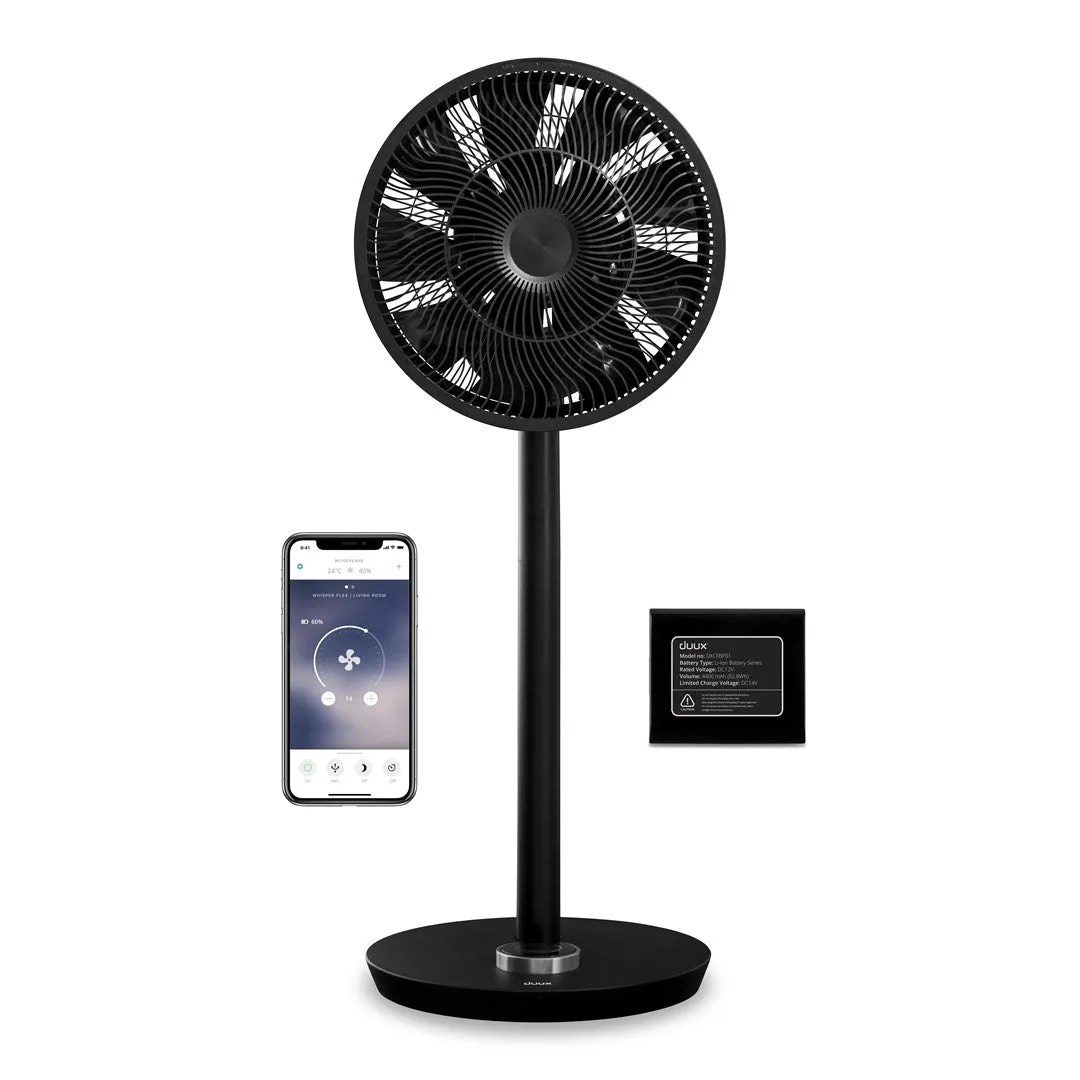 Duux | Smart Fan | Whisper Flex Smart Black With Battery Pack | Stand Fan | Black | Diameter 34 Cm | Number Of Speeds 26