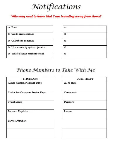 Essential Phone Contact List:  2 Page Printable Travel Planner Insert for Local and Foreign Numbers