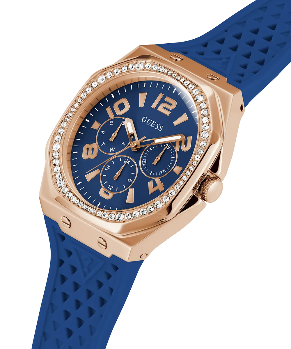 GUESS Ladies Blue Rose Gold Tone Multi-function Watch