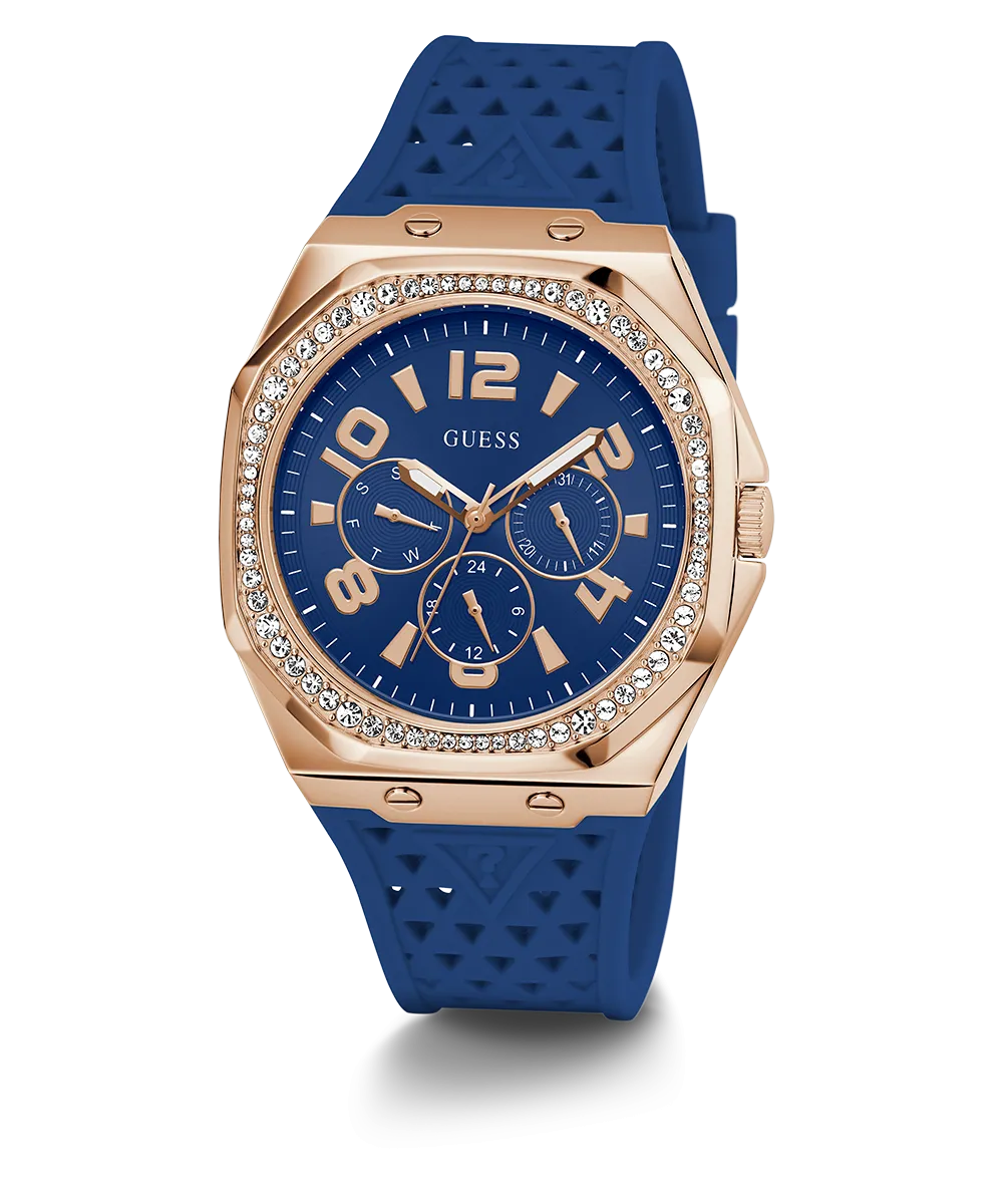 GUESS Ladies Blue Rose Gold Tone Multi-function Watch