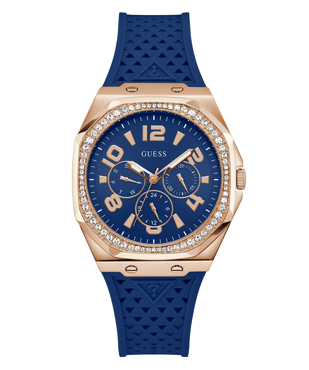 GUESS Ladies Blue Rose Gold Tone Multi-function Watch