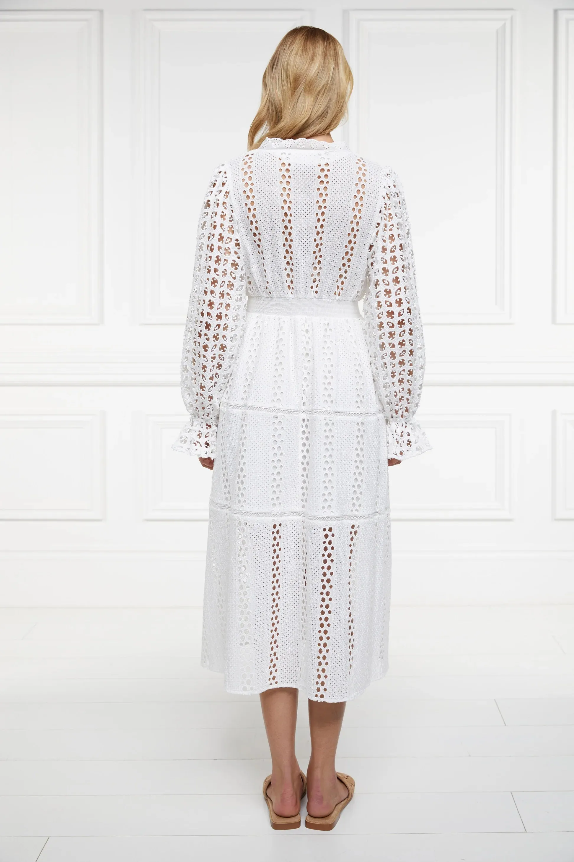 Holland Cooper Broderie Lace V Neck Midi Dress in White