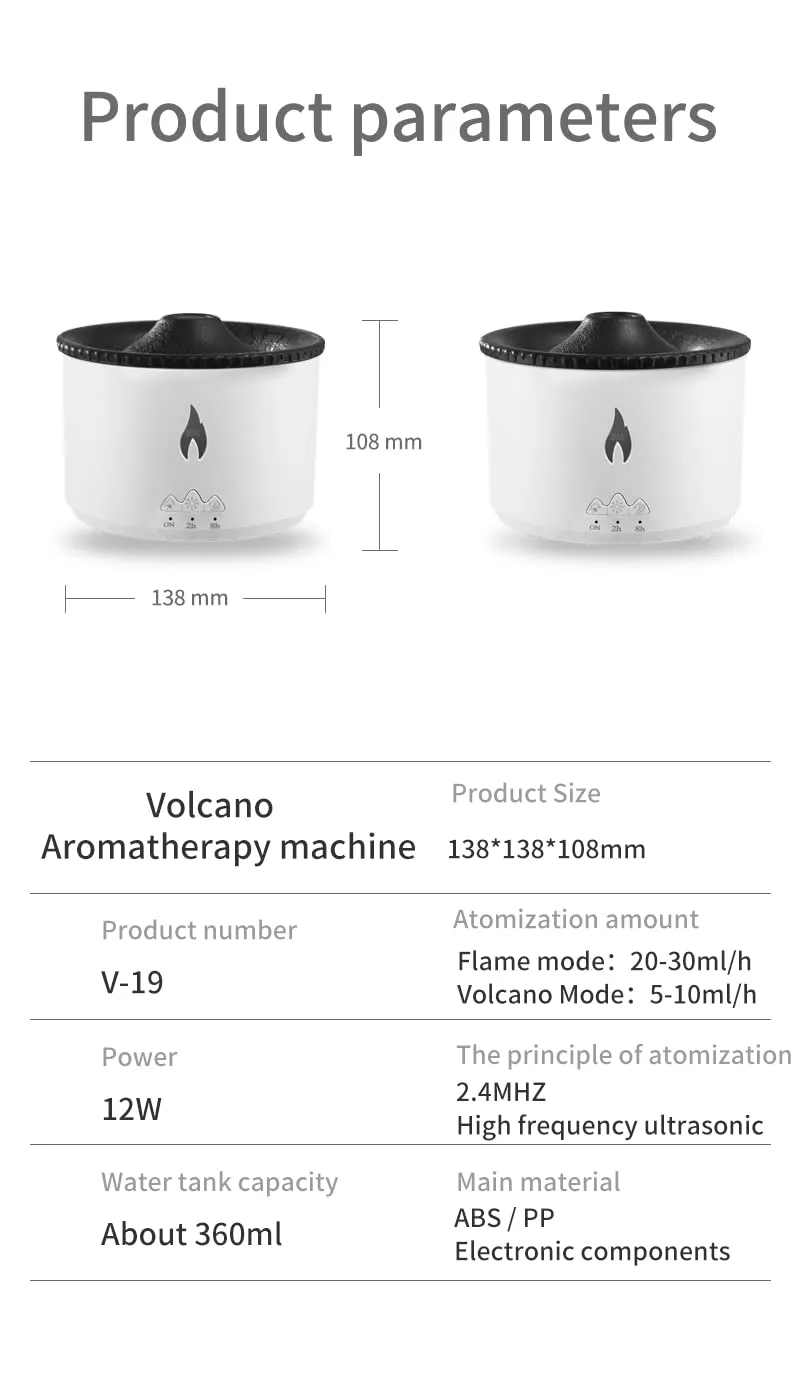 Humidifier for Home, Flame Diffuser Atmosphere Light Humidifier Portable Noiseless Aroma Aromatherapy Machine, Auto Shut-Off, Essential Oil Diffuser for Large Room, Home, Office (Valcano)