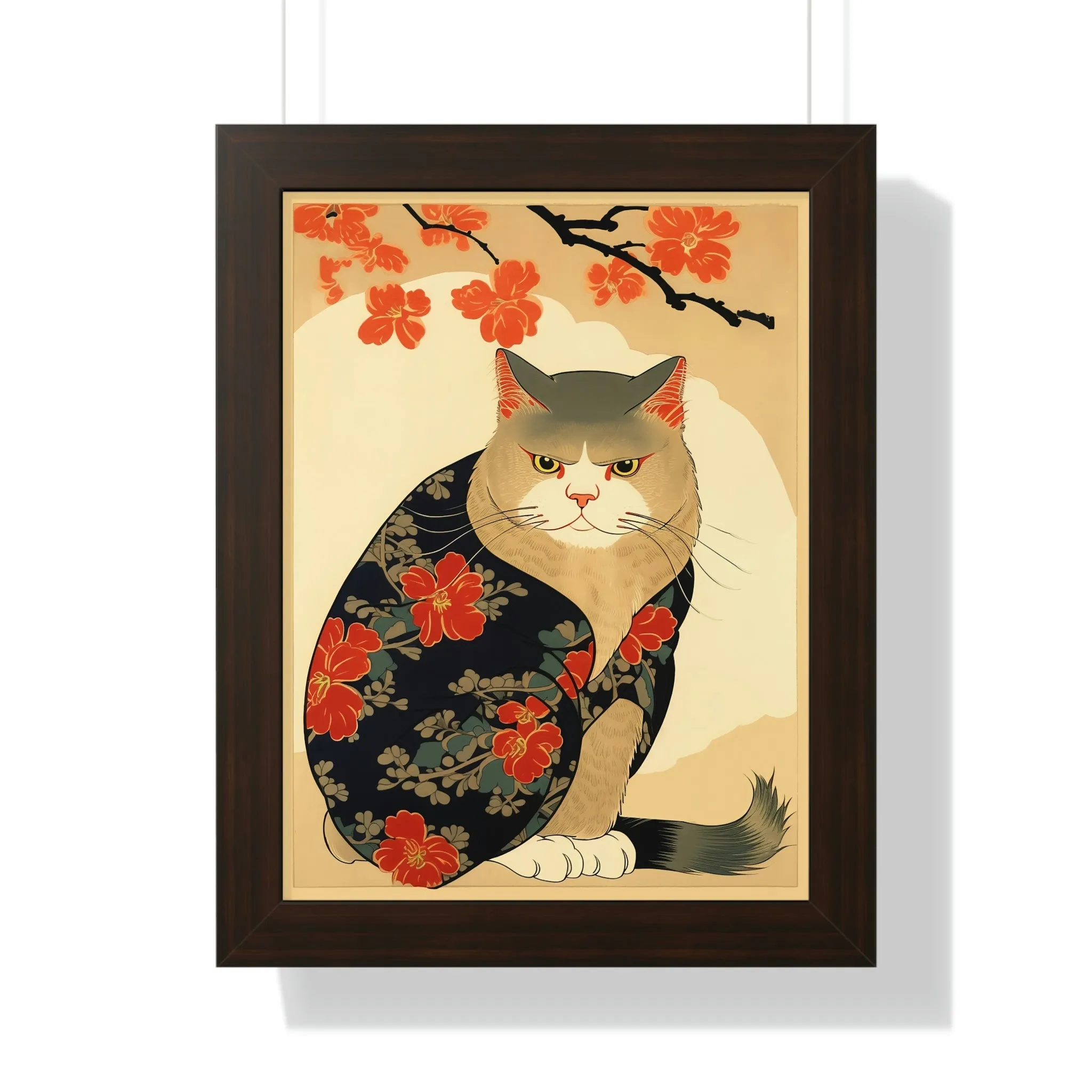 Japandi Ukiyo-e Style Cat | Framed Vertical Poster