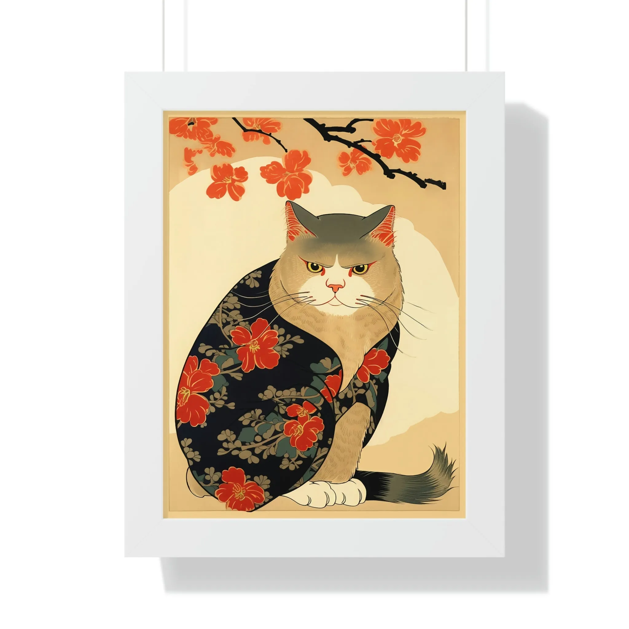 Japandi Ukiyo-e Style Cat | Framed Vertical Poster