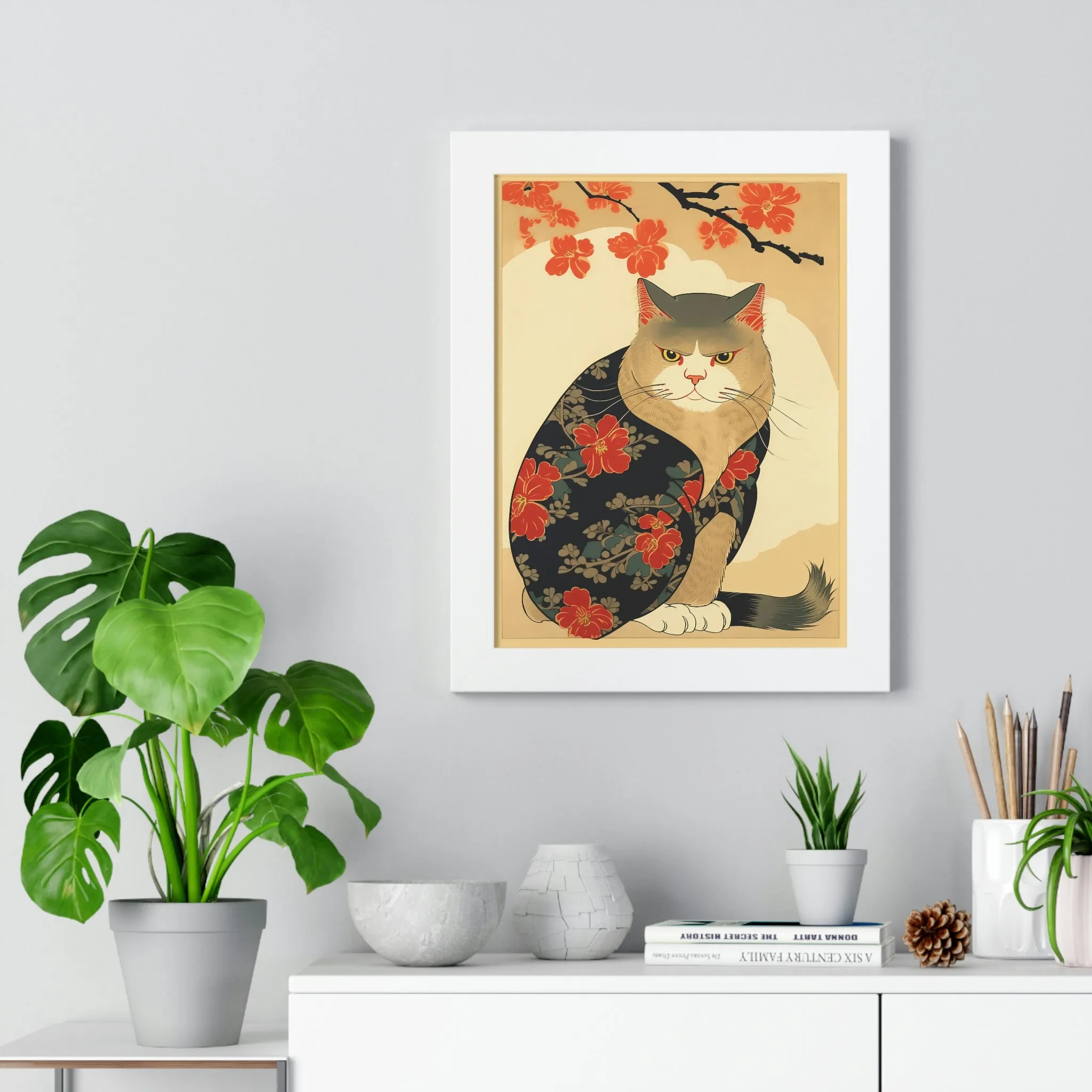 Japandi Ukiyo-e Style Cat | Framed Vertical Poster