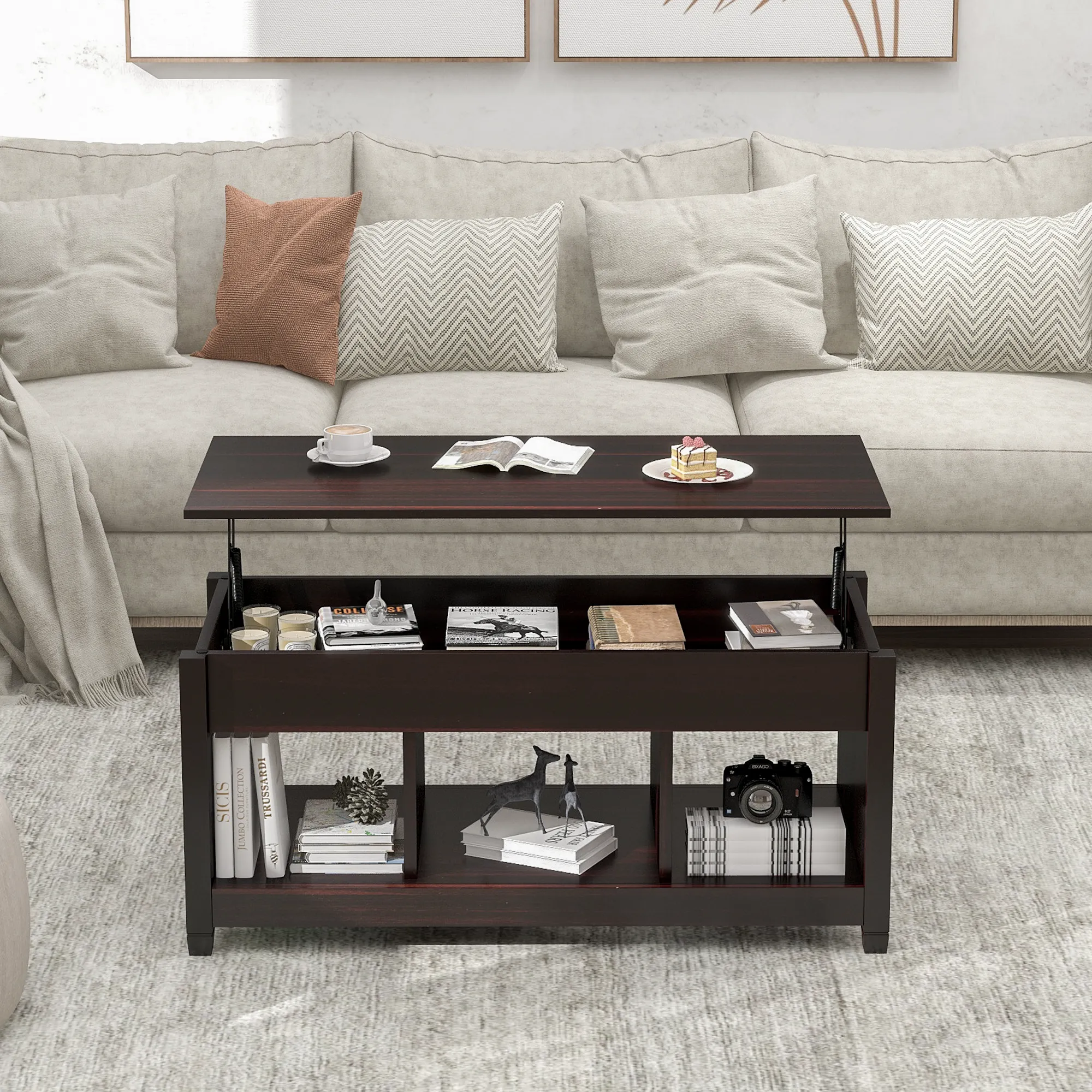 Lift Top Coffee Table, 41" X 19.5" w/ Hidden Storage & Open Shelves for Living Room (Dark Brown)