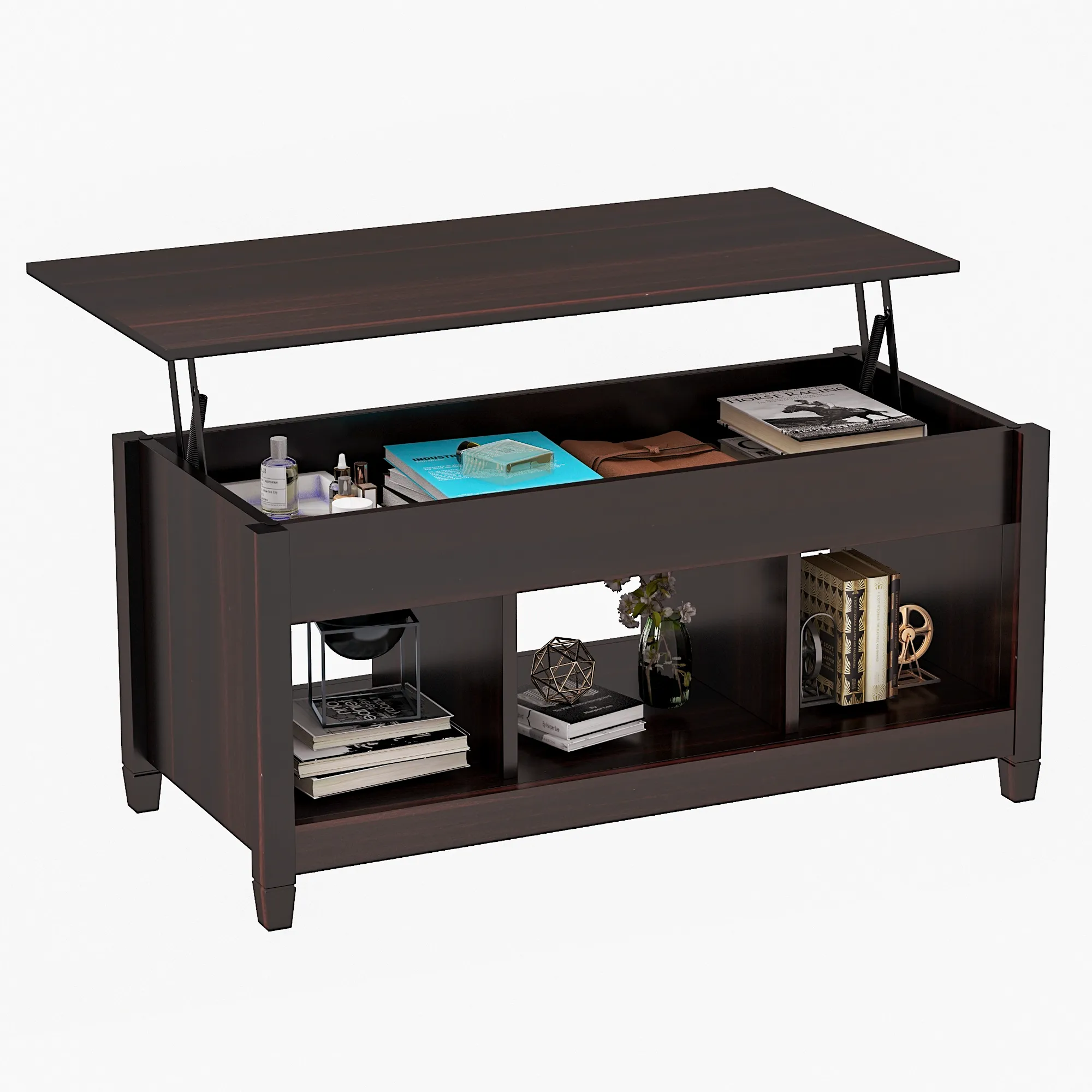 Lift Top Coffee Table, 41" X 19.5" w/ Hidden Storage & Open Shelves for Living Room (Dark Brown)