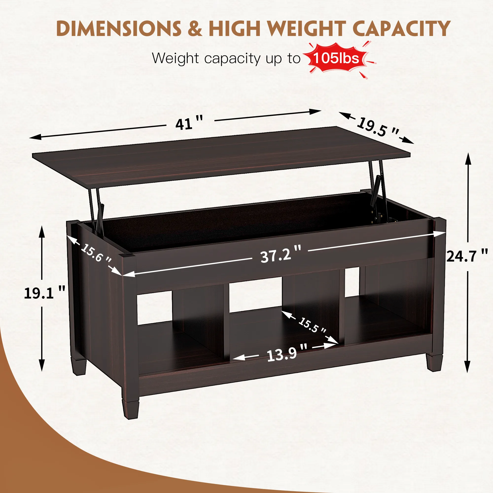 Lift Top Coffee Table, 41" X 19.5" w/ Hidden Storage & Open Shelves for Living Room (Dark Brown)