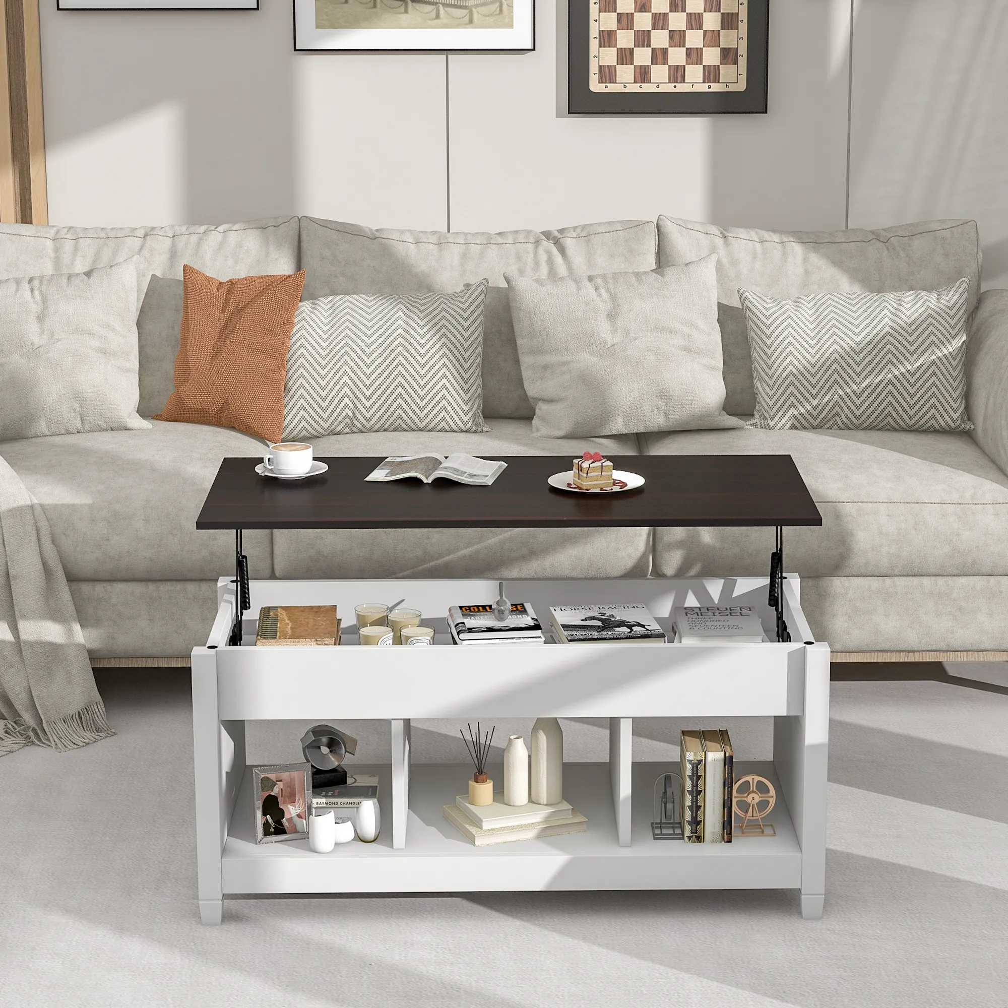 Lift Top Coffee Table, 41" X 19.5"  w Hidden Storage & Open Shelves for Living Room (White)