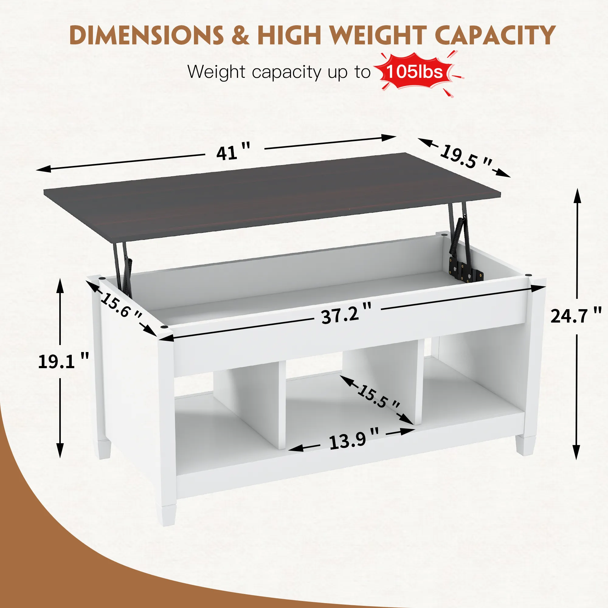 Lift Top Coffee Table, 41" X 19.5"  w Hidden Storage & Open Shelves for Living Room (White)