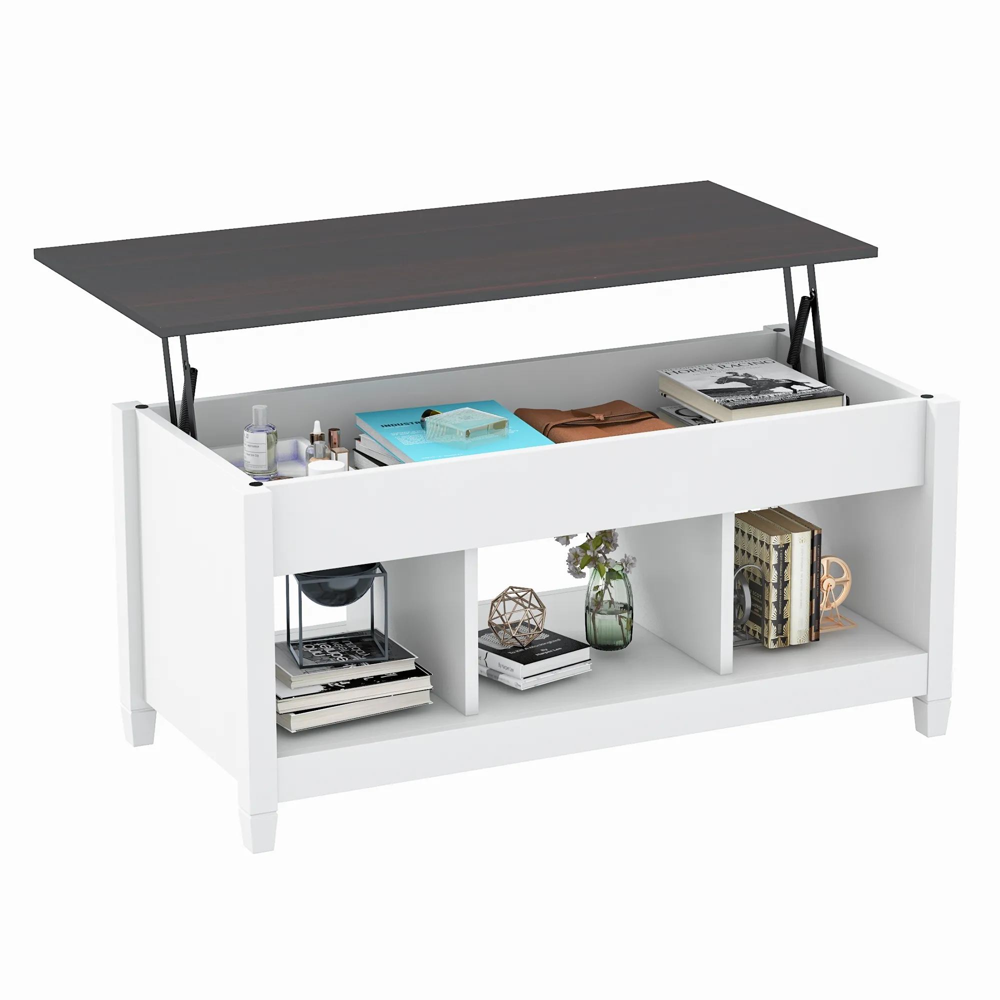 Lift Top Coffee Table, 41" X 19.5"  w Hidden Storage & Open Shelves for Living Room (White)