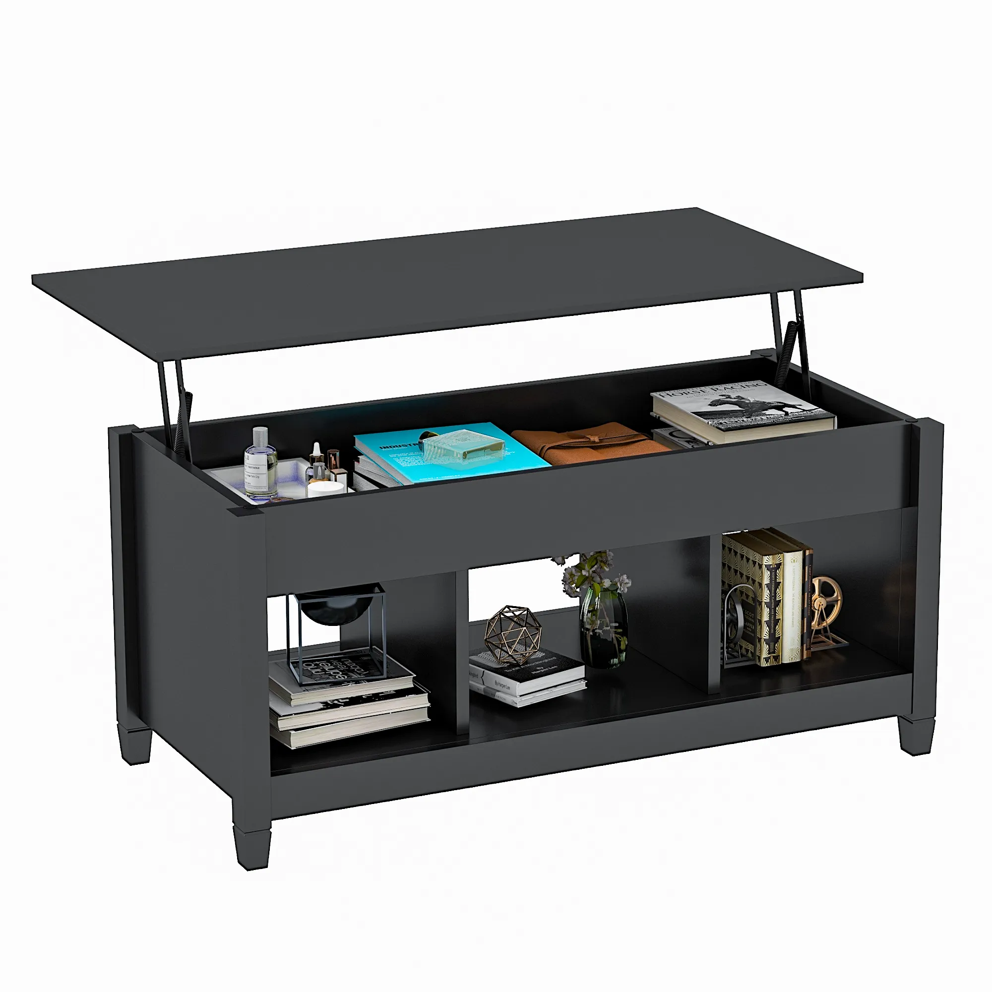 Lift Top Coffee Table, 41" X 19.5" w/Hidden Storage & Open Shelves for Living Room(Black)