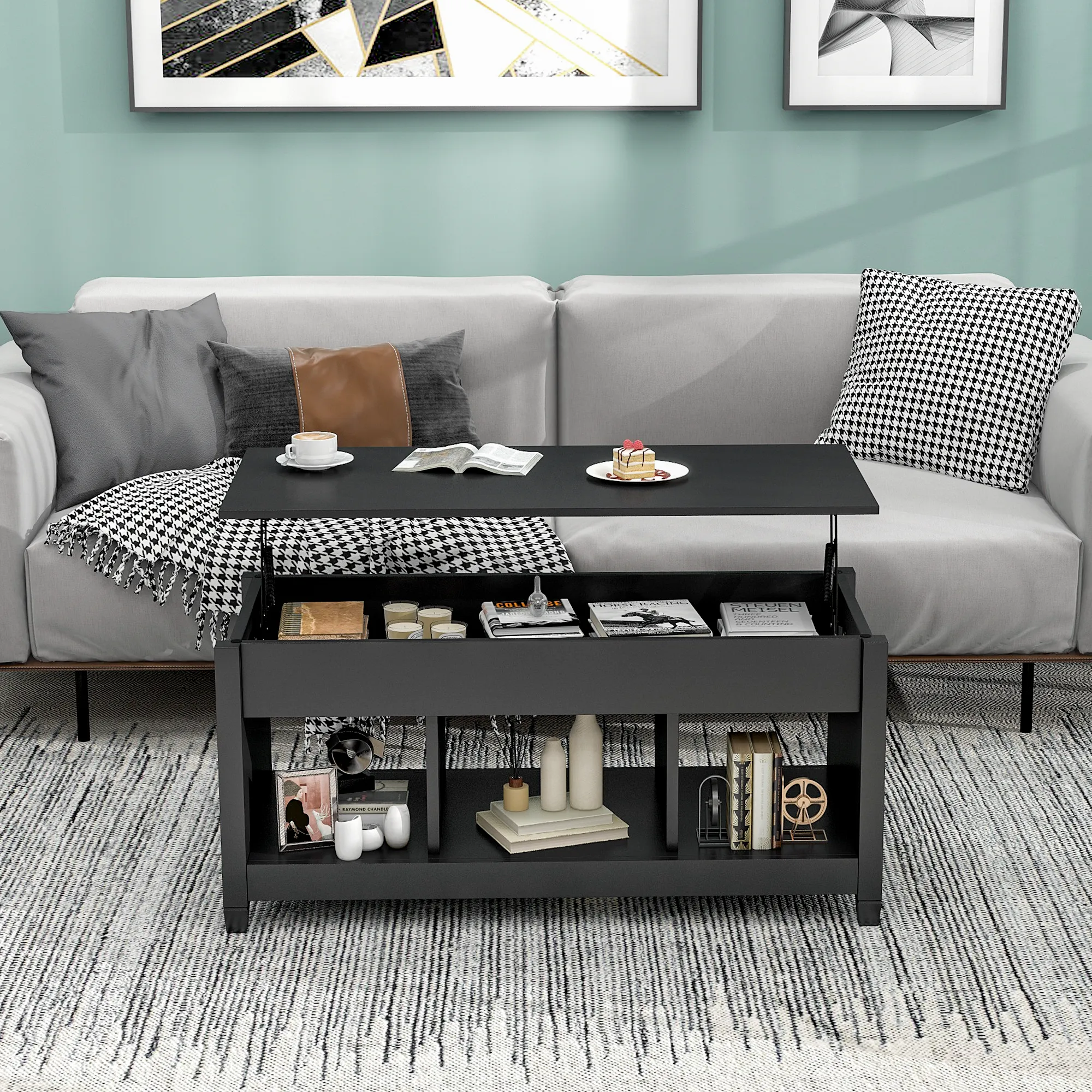 Lift Top Coffee Table, 41" X 19.5" w/Hidden Storage & Open Shelves for Living Room(Black)