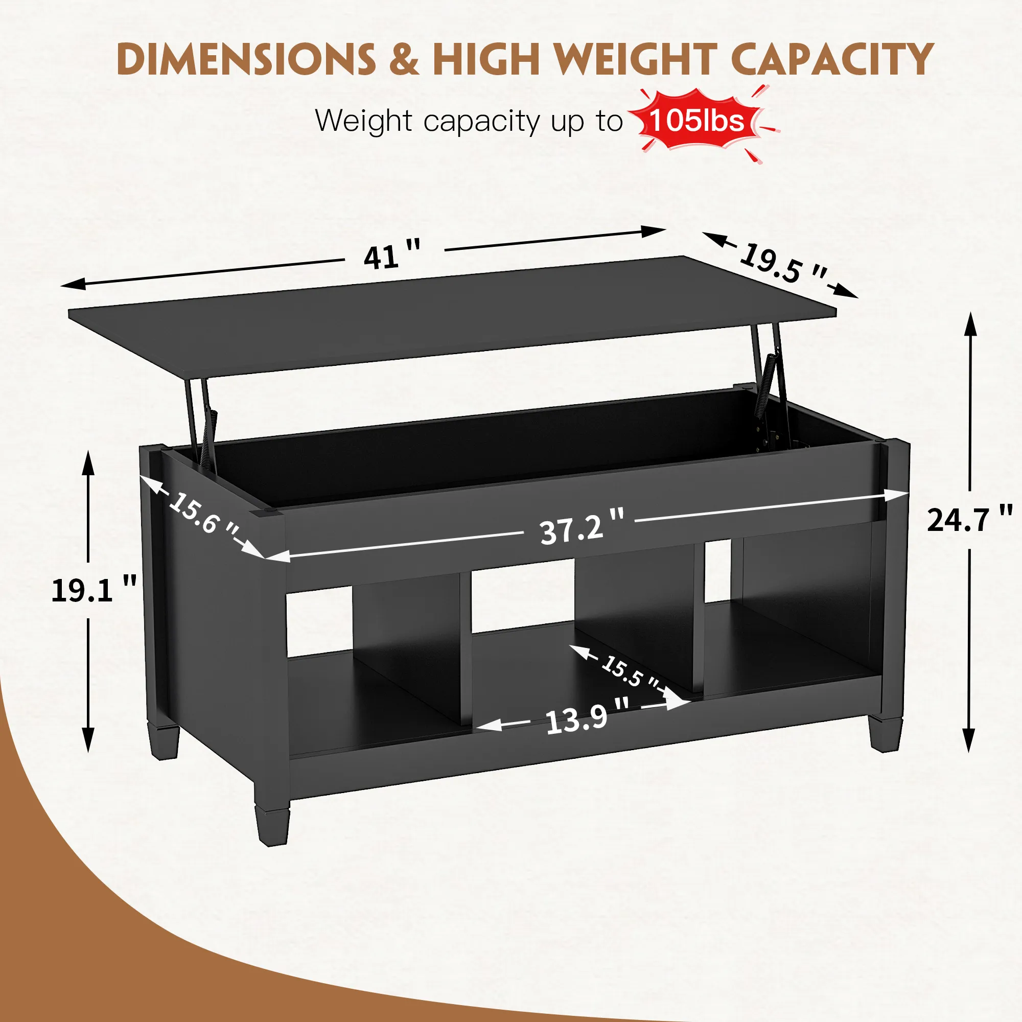 Lift Top Coffee Table, 41" X 19.5" w/Hidden Storage & Open Shelves for Living Room(Black)