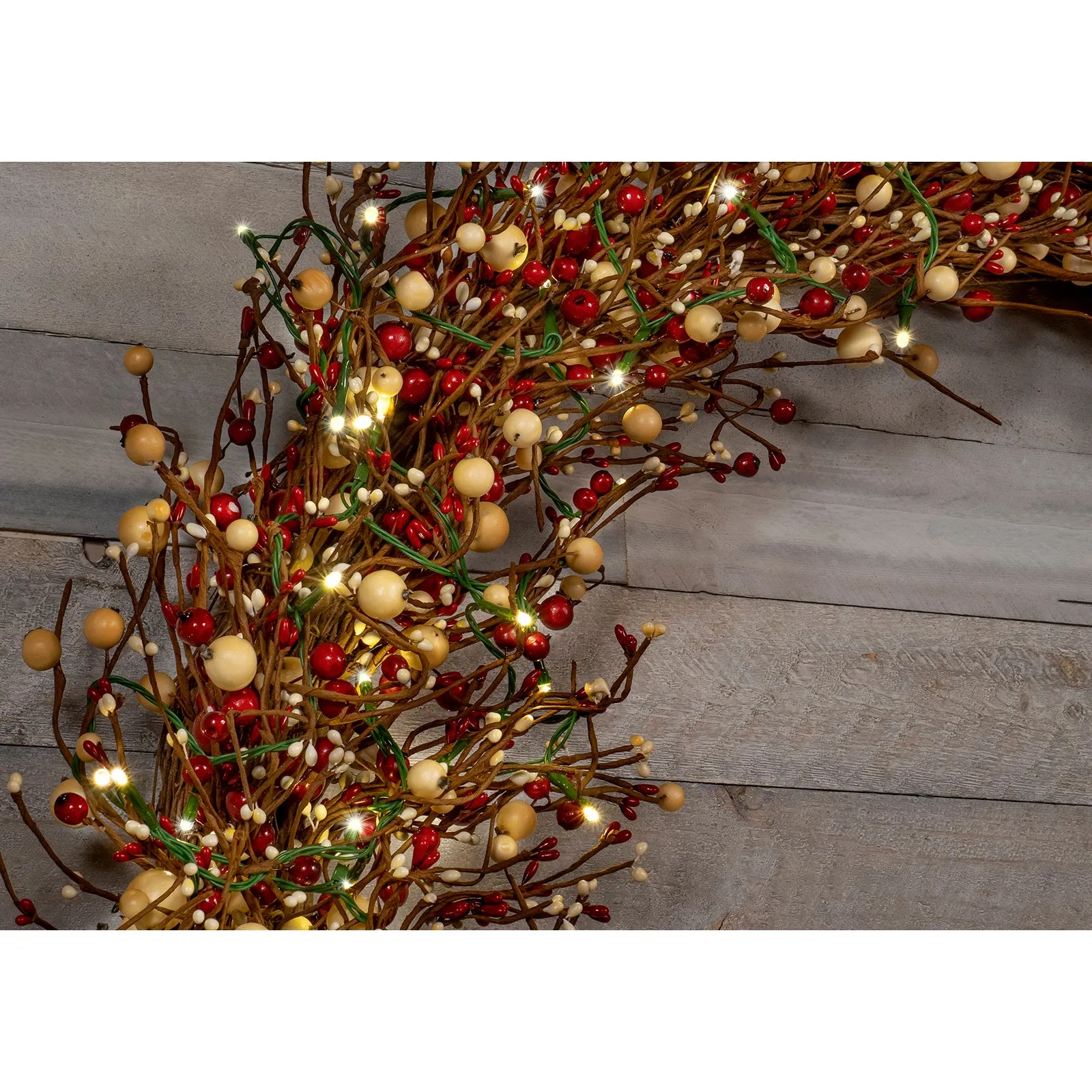 Light-Up Christmas Wreath with Red Pip Berries, Battery Operated LED Lights with Timer