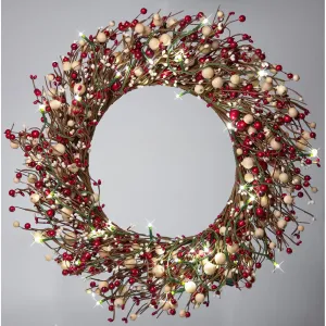 Light-Up Christmas Wreath with Red Pip Berries, Battery Operated LED Lights with Timer