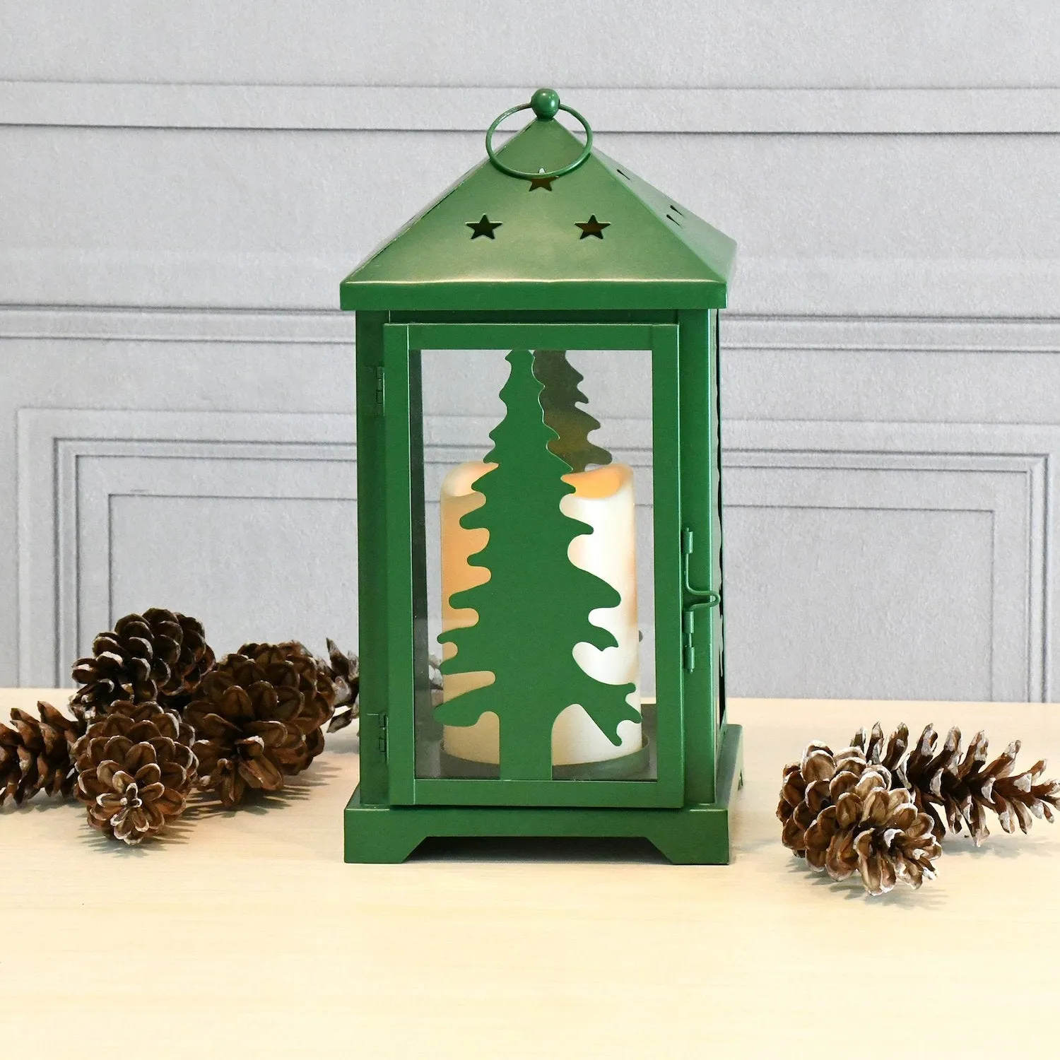 Metal Lantern with Battery Operated LED Candle - Pine Tree