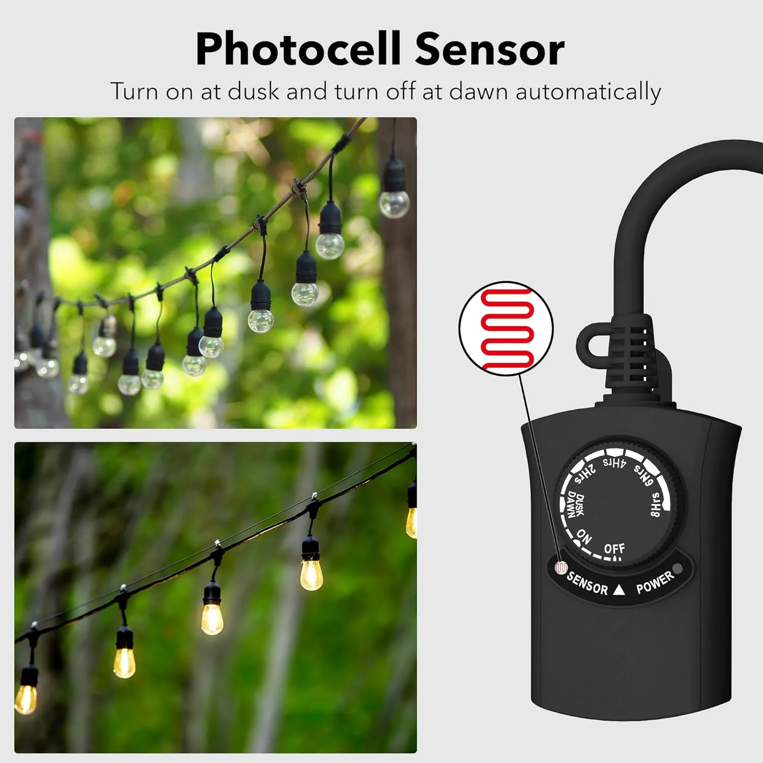 Outdoor Photocell Light Timer Waterproof Dusk to Dawn Sensor 1 Timer Outlet 2/4/6/8 Countdown HBN