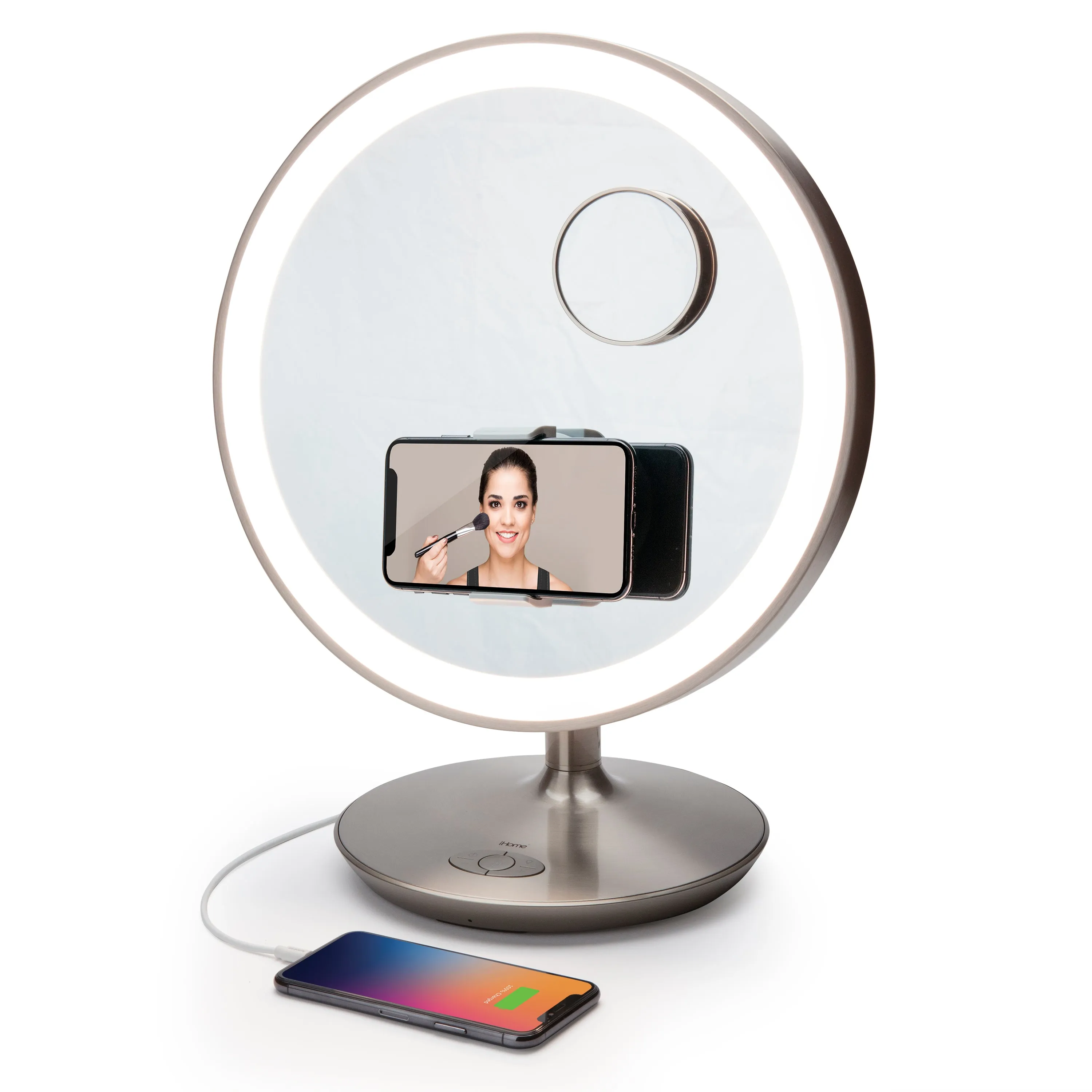 Rechargeable Vanity Speaker with Bluetooth, Speakerphone, USB Charging, and 10x Detail Mirror