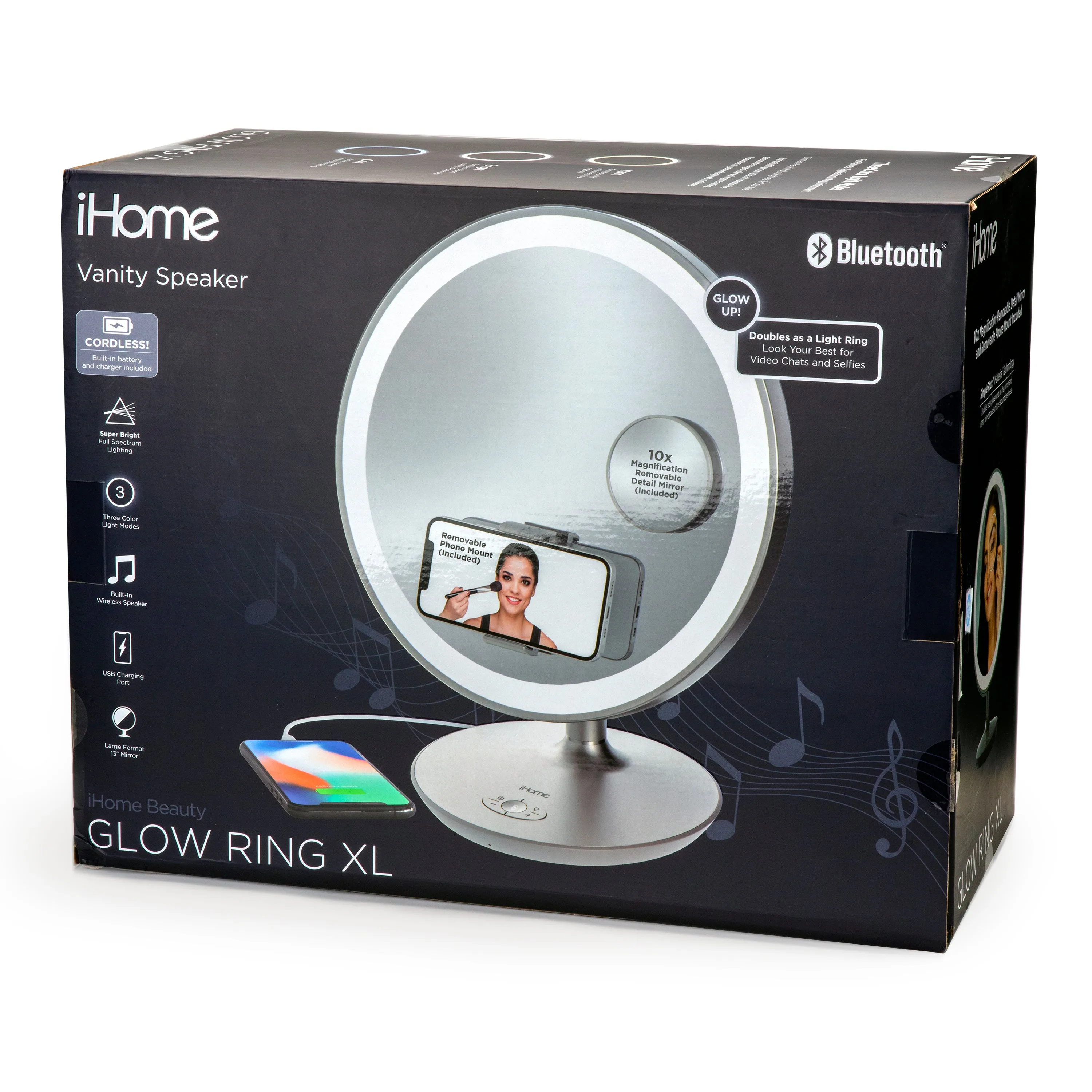 Rechargeable Vanity Speaker with Bluetooth, Speakerphone, USB Charging, and 10x Detail Mirror