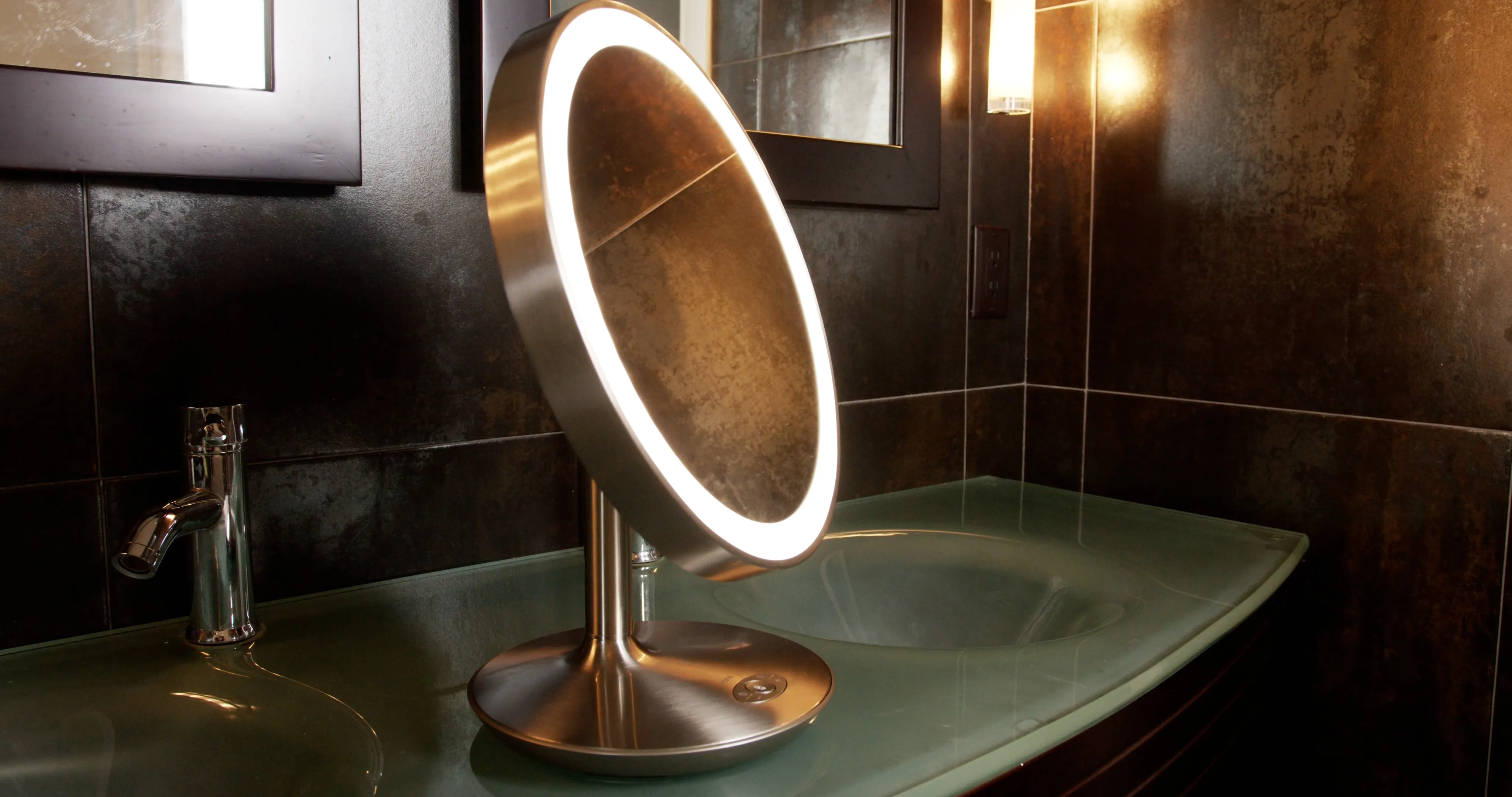 Rechargeable Vanity Speaker with Bluetooth, Speakerphone, USB Charging, and 10x Detail Mirror